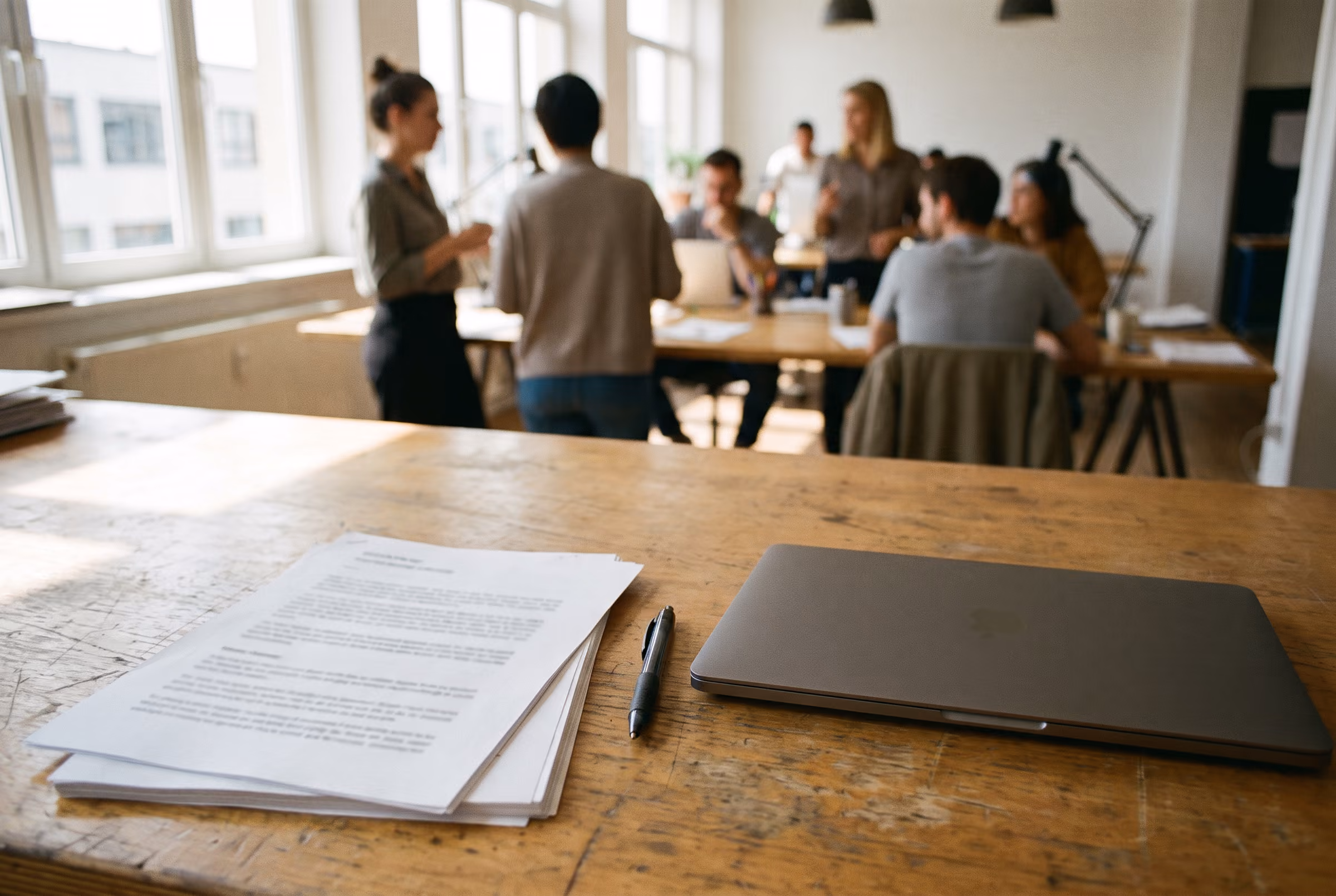 A desk with a printed contract, a pen and a laptop in afternoon light.