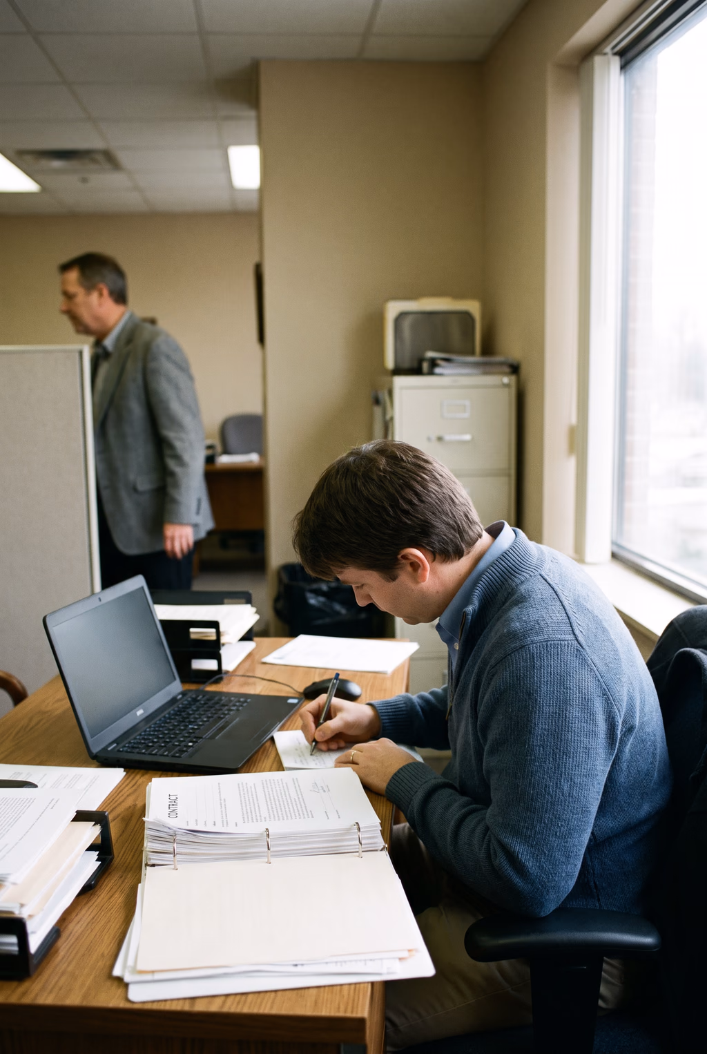 A finance partner working through documents at a desk by the window.