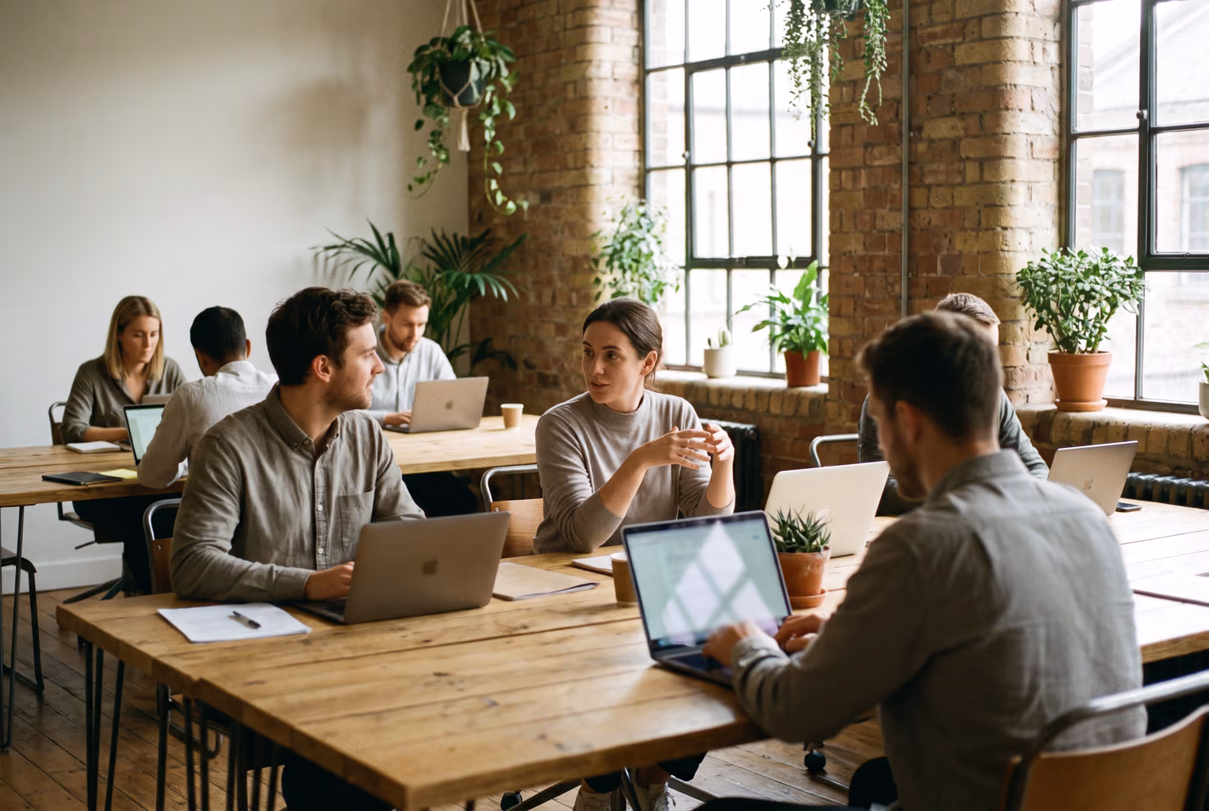 A small team working at shared tables in a converted loft office.