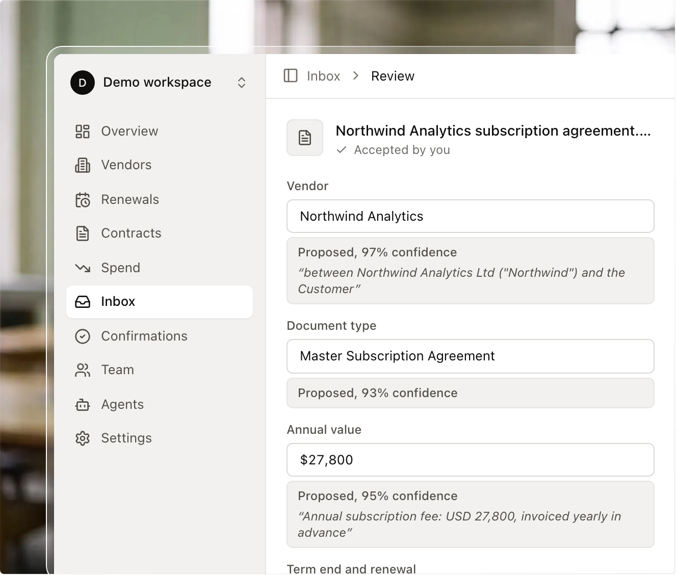 Contract review screen with extracted terms and their source sentences