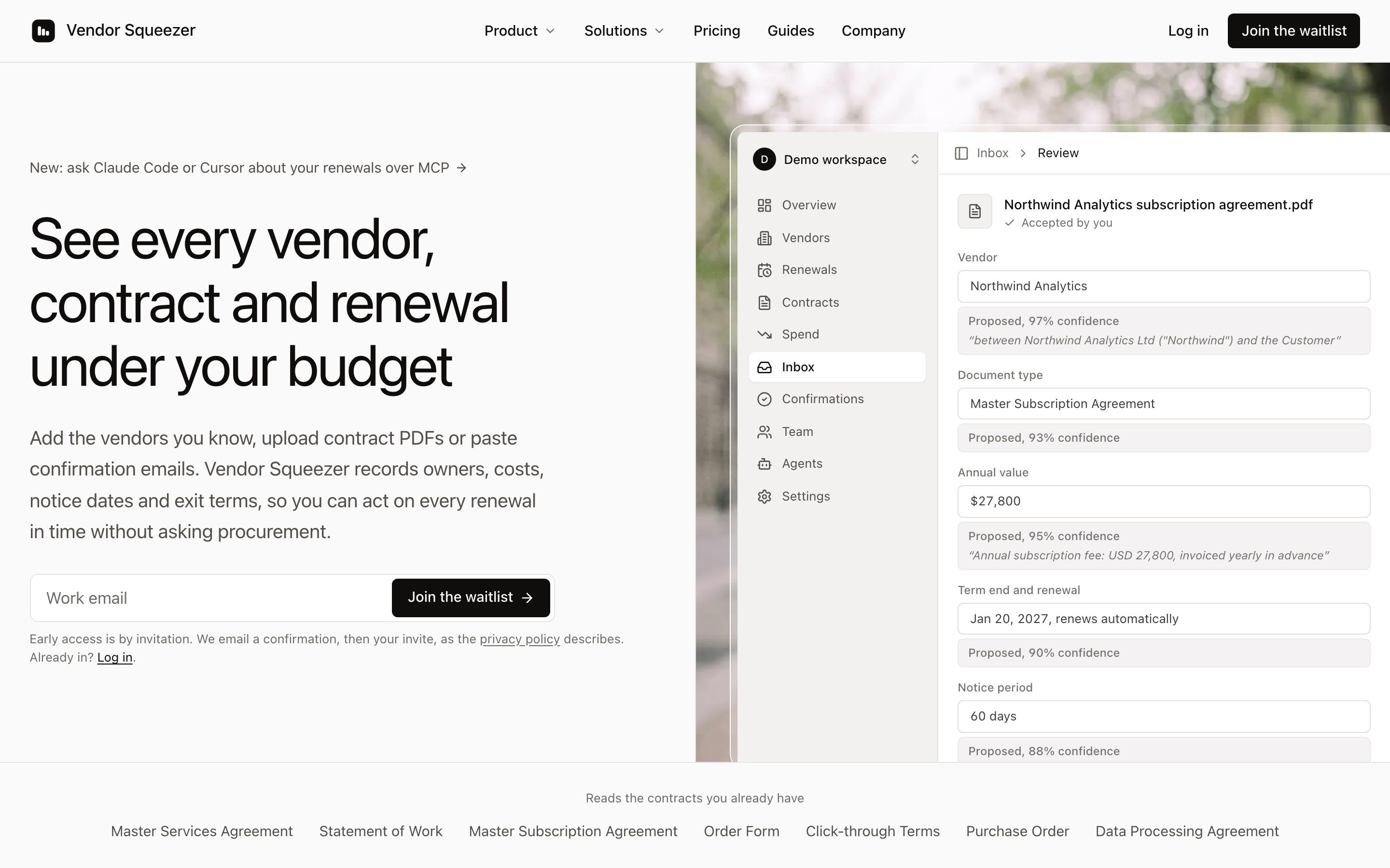Vendor Squeezer homepage with a contract review screen