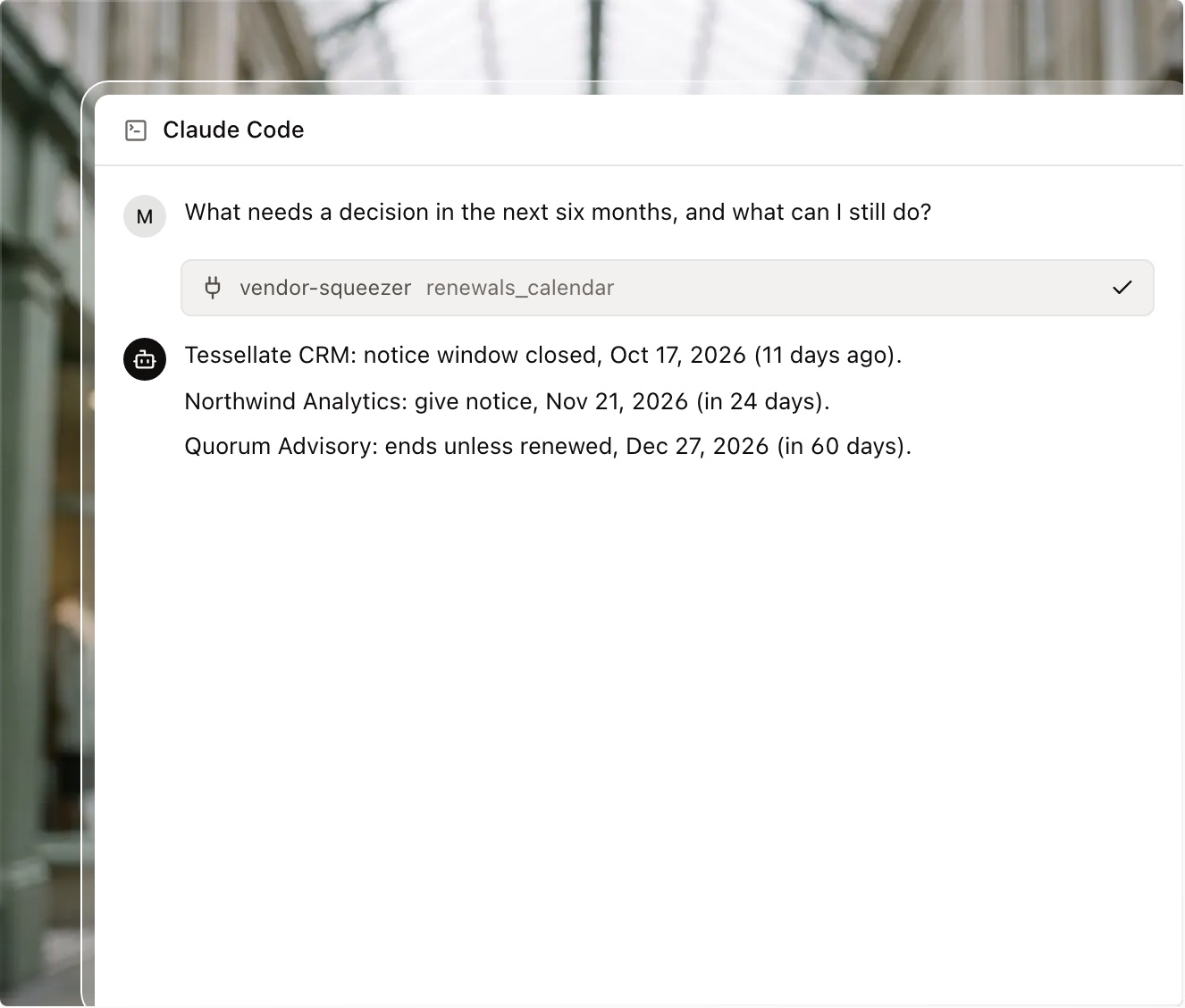An agent answering a renewal question over MCP