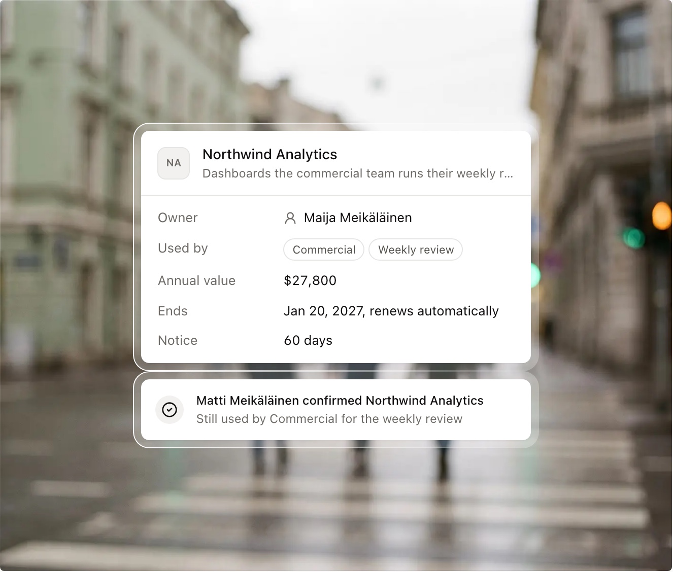 Vendor profile with its owner, usage and renewal